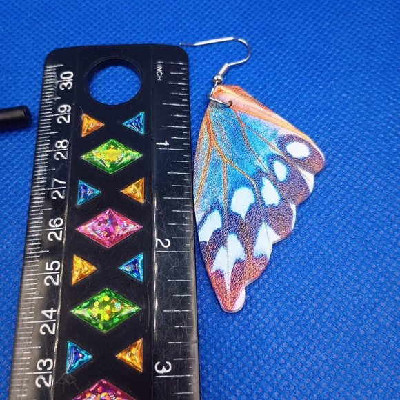 Vegan Leather Blue/Orange Butterfly Wing Earrings. - Picture 2 of 4